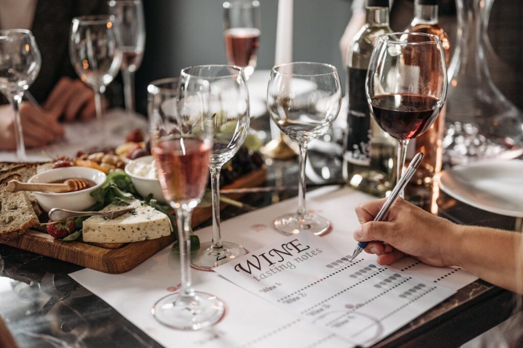 Elegant wine tasting event with cheese platter and detailed tasting notes for a refined experience.